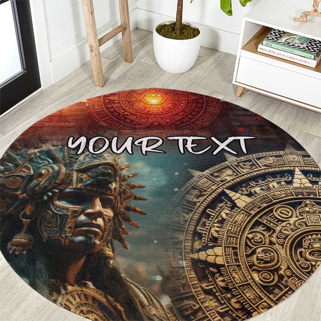 Round carpet with Aztec warrior face, orange sun centerpiece, and “YOUR TEXT”