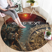 Round carpet with Aztec warrior illustration in dark tones, orange sun, and “YOUR TEXT”