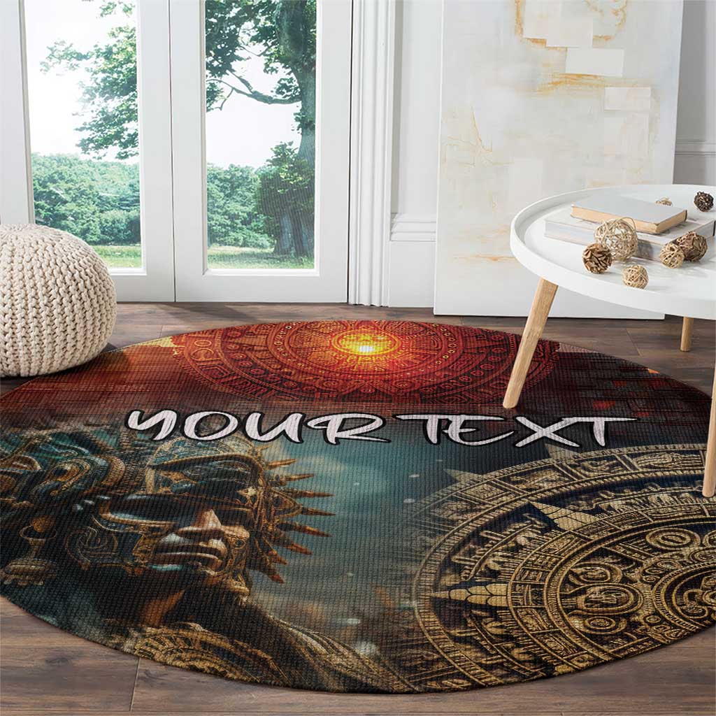 Round carpet with Aztec warrior art, orange sun, circular patterns, and “YOUR TEXT”