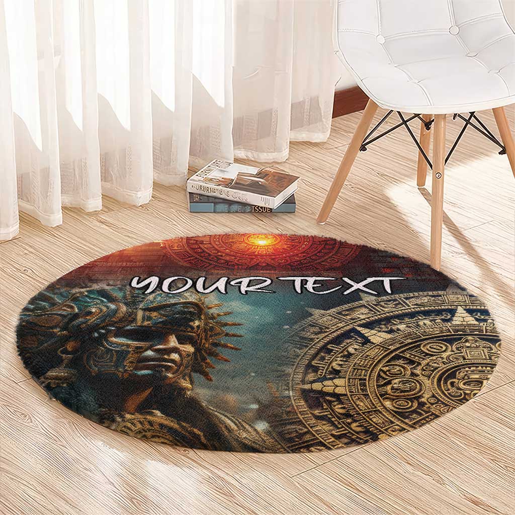 Round carpet featuring Aztec warrior portrait, orange sun disc, and “YOUR TEXT”