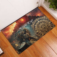 Personalized rubber doormat in warm orange and dark tones, Aztec warrior and calendar art