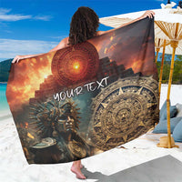 Orange and black Aztec warrior sarong with circular sun motif and custom text