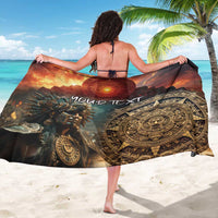 Orange and black Aztec warrior sarong with circular sun motif, spread wide for view