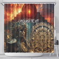 Shower curtain with Aztec warrior and large gold sun design, Your Text