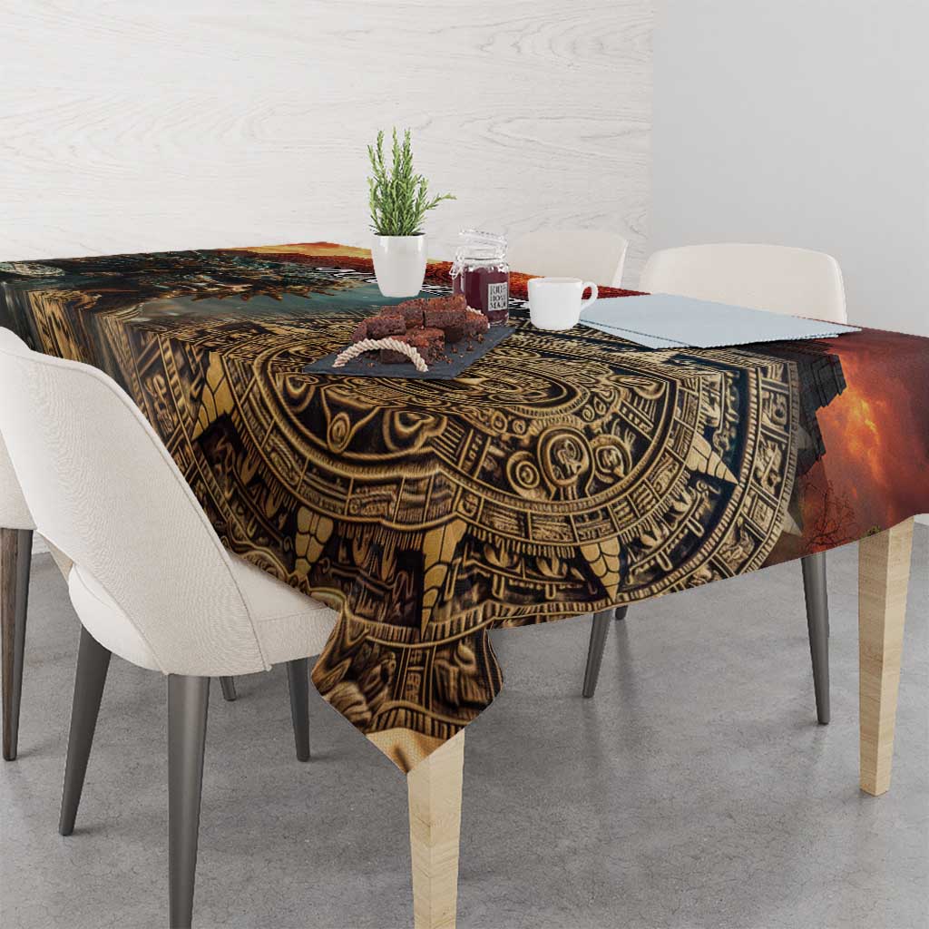 Dark Aztec patterned tablecloth draped over dining table with hanging corner