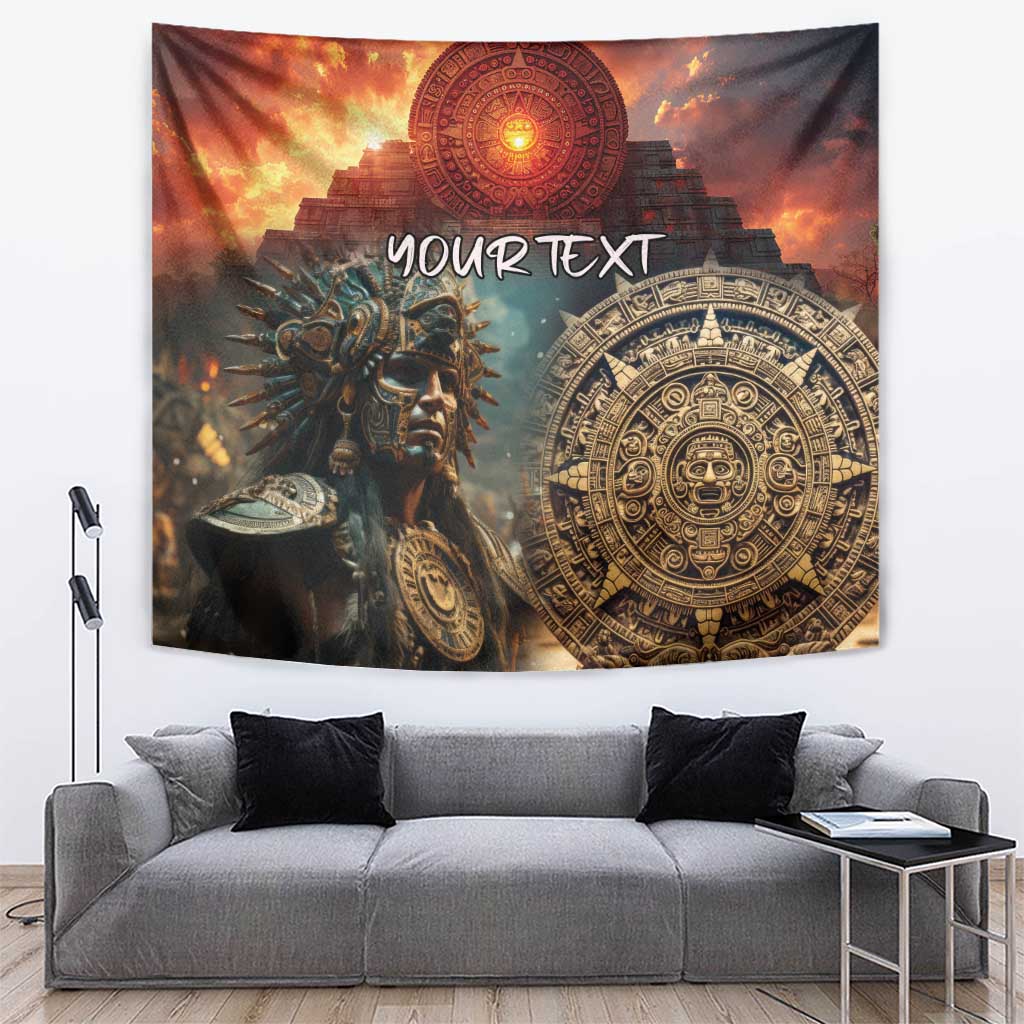 Mexican Aztec warriors tapestry with custom text, orange and teal design