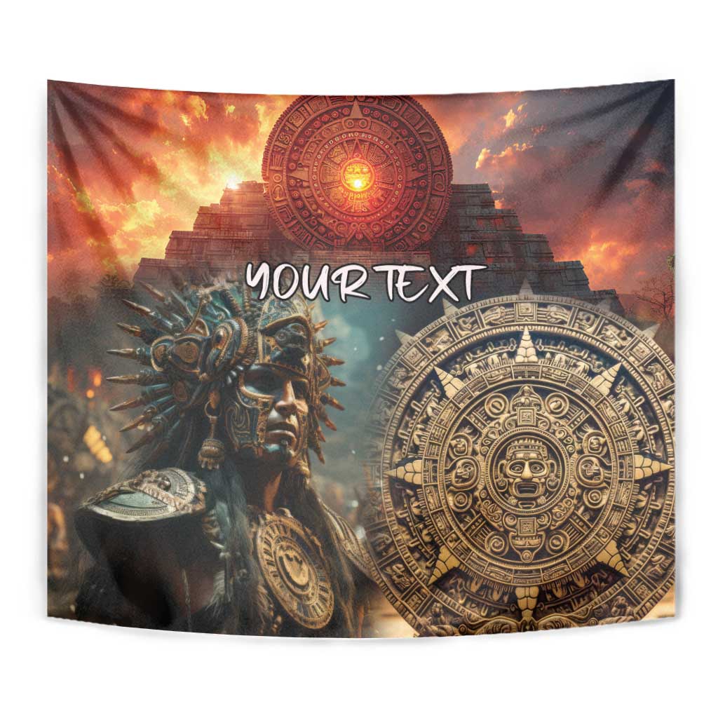 Mexican Aztec warriors tapestry with custom text, curved folded view of sun disc