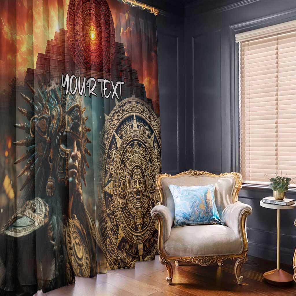 Mexican Aztec warrior window curtain, orange and dark tones with Aztec warrior and circular emblem art
