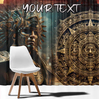 Mexican Aztec warrior window curtain close-up, orange and dark with bold warrior and emblem details