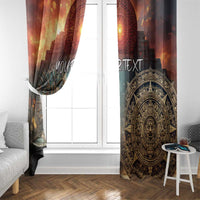 Mexican Aztec warrior window curtain, orange and dark with ornate medallion design and hook header