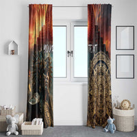 Mexican Aztec warrior window curtain set, orange and dark panels with split designs and hanging tabs