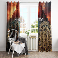 Mexican Aztec warrior window curtain pair, orange and dark, with large circular emblem and warrior art