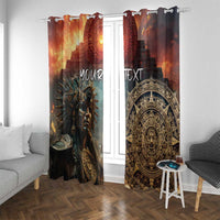 Mexican Aztec warrior window curtain with orange-to-dark artwork, hanging on a rod with metal clips