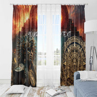Mexican Aztec warrior window curtain, orange and dark, with two panels featuring text and emblem graphics