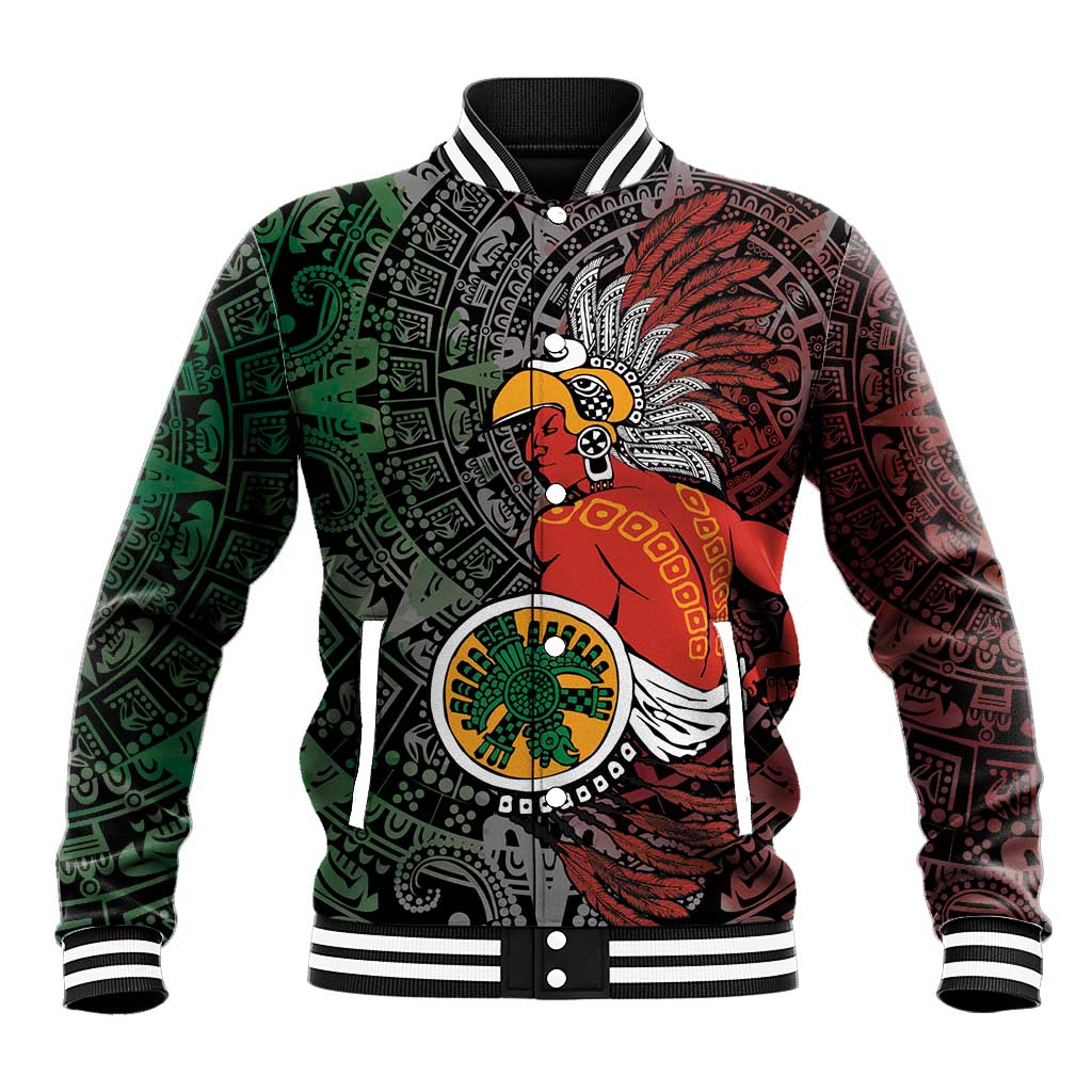 Black varsity baseball jacket with front Aztec warrior artwork, snap buttons, ribbed cuffs
