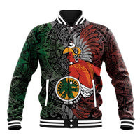 Black varsity baseball jacket with front Aztec warrior artwork, snap buttons, ribbed cuffs
