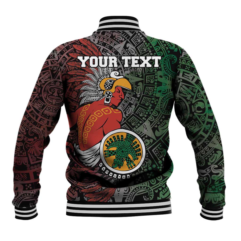 Black varsity baseball jacket with multicolor Aztec warrior graphic and striped ribbed collar