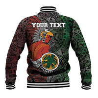 Black varsity baseball jacket with multicolor Aztec warrior graphic and striped ribbed collar
