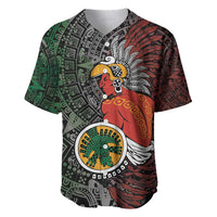Baseball jersey with Aztec warrior graphic and circular sun emblem, multicolor