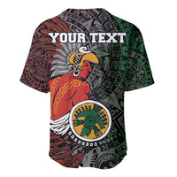 Baseball jersey with 'YOUR TEXT' on back, Aztec warrior and sun emblem, multicolor