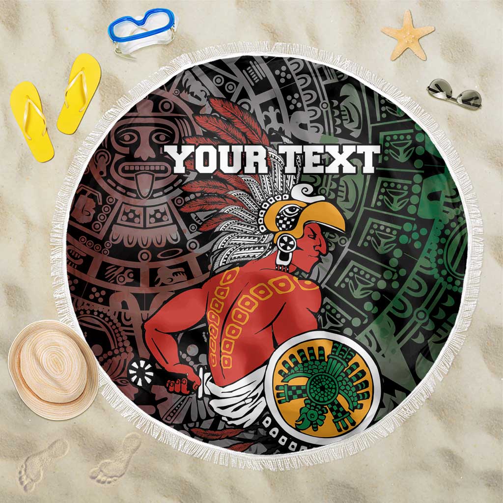 Round beach blanket with 'YOUR TEXT' Aztec warrior design, white fringe