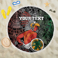 Round beach blanket with 'YOUR TEXT' Aztec warrior design, white fringe