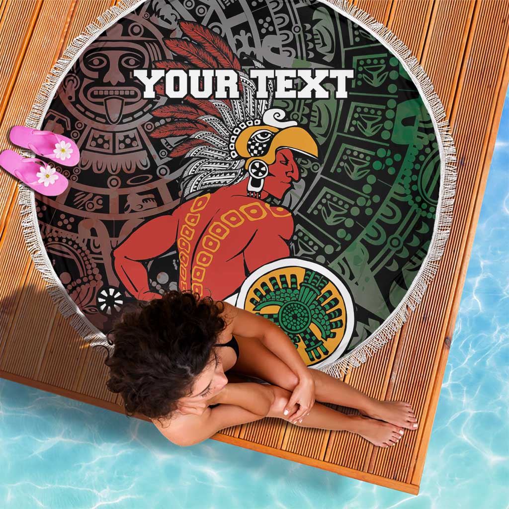 Round beach blanket with 'YOUR TEXT' and Aztec warrior, tassel fringe edge