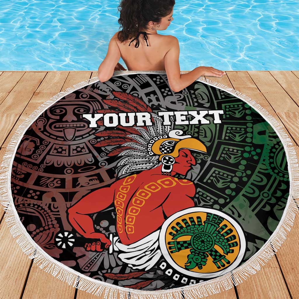 Round beach blanket with Aztec warrior graphic and 'YOUR TEXT', white fringe