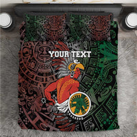 Personalized Aztec warriors bedding set, green and red tribal print with 'YOUR TEXT'.