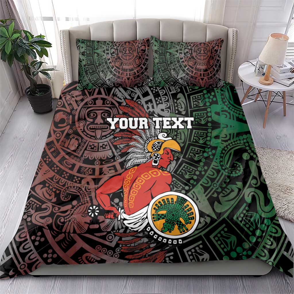 Personalized Aztec warriors duvet and two pillows, green, black, and rust tribal design.
