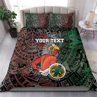 Personalized Aztec warriors duvet and two pillows, green, black, and rust tribal design.