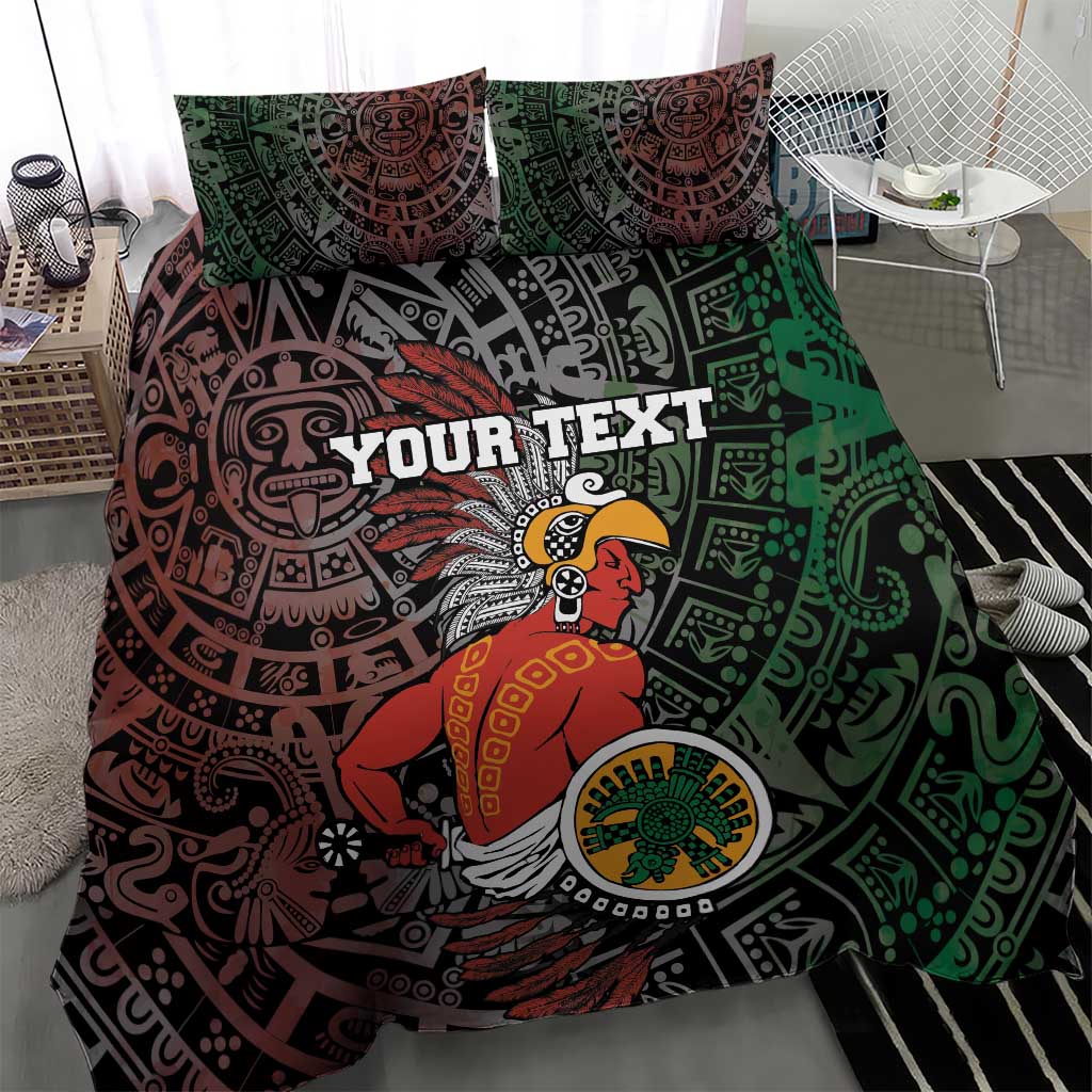 Personalized Aztec warriors bedding set, two pillowcases, bold green and black tribal print.