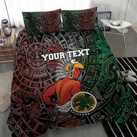 Personalized Aztec warriors bedding set, two pillowcases, bold green and black tribal print.