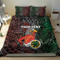 Personalized Aztec bedding set with duvet and two pillows, green/red tribal warrior print.