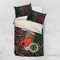 Personalized Aztec bedding set with matching pillowcases, green/red tribal print.
