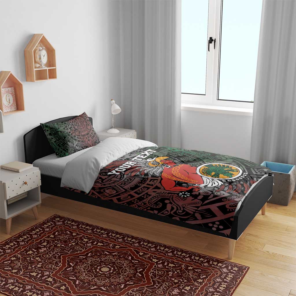 Personalized Aztec warriors duvet cover and pillows, green and rust tribal scene.