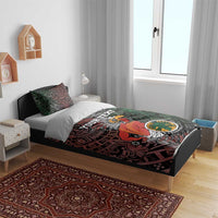 Personalized Aztec warriors duvet cover and pillows, green and rust tribal scene.