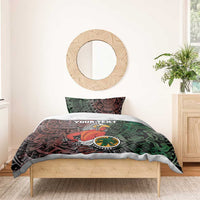 Personalized Aztec bedding set with duvet and pillows, green and rust tribal artwork.