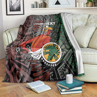 Personalized Aztec warrior blanket with Your Text on red and green tribal design.