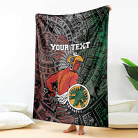Personalized Aztec warrior throw blanket, Your Text centered on red and green tribal art.