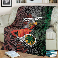 Personalized Aztec warrior blanket close view, Your Text over red and green tribal print.