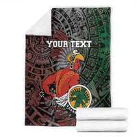 Personalized Aztec warrior blanket with Your Text, red and green tribal design.