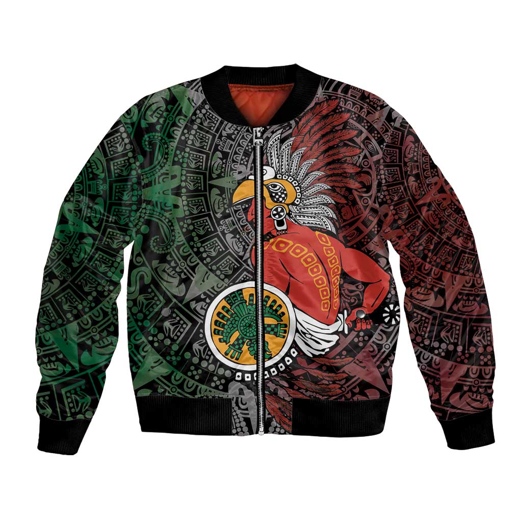 Black bomber jacket with tribal warrior graphic and Aztec-style patterns, zip front