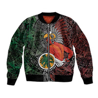 Black bomber jacket with tribal warrior graphic and Aztec-style patterns, zip front