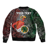 Black bomber jacket, back features tribal warrior art, 'YOUR TEXT' print