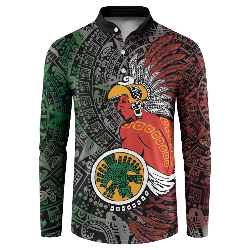 Black button sweatshirt with large tribal warrior print, button placket, long sleeves