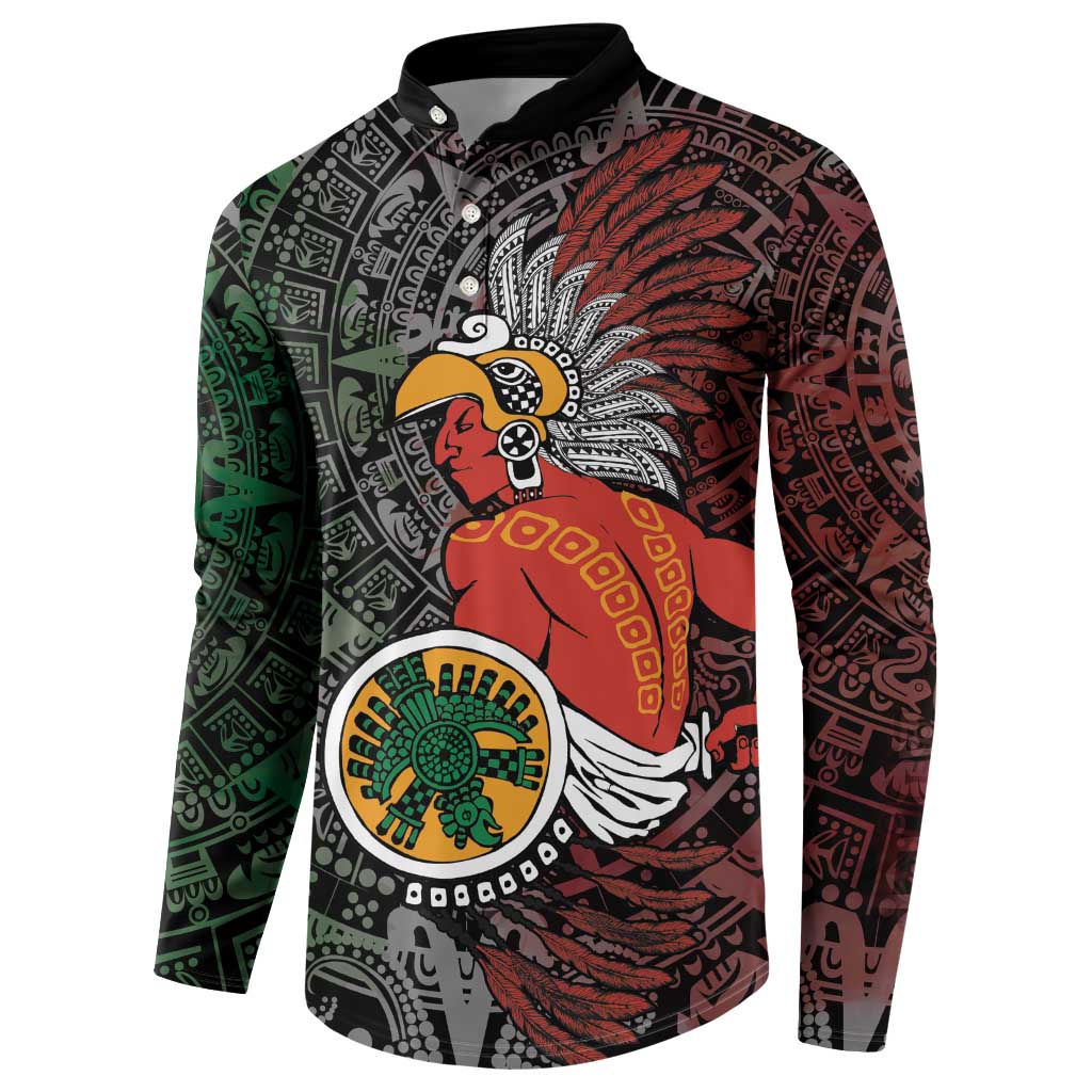 Black button sweatshirt with tribal warrior graphic on chest, button placket, long sleeves