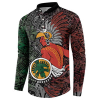 Black button sweatshirt with tribal warrior graphic on chest, button placket, long sleeves