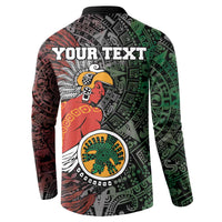 Black button sweatshirt with tribal warrior print, 'YOUR TEXT' across back, long sleeves