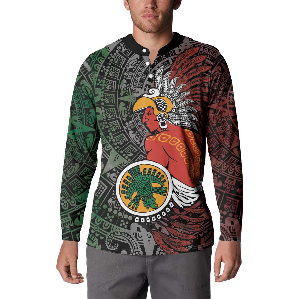 Black button sweatshirt with tribal warrior print and polo-style button placket, long sleeves